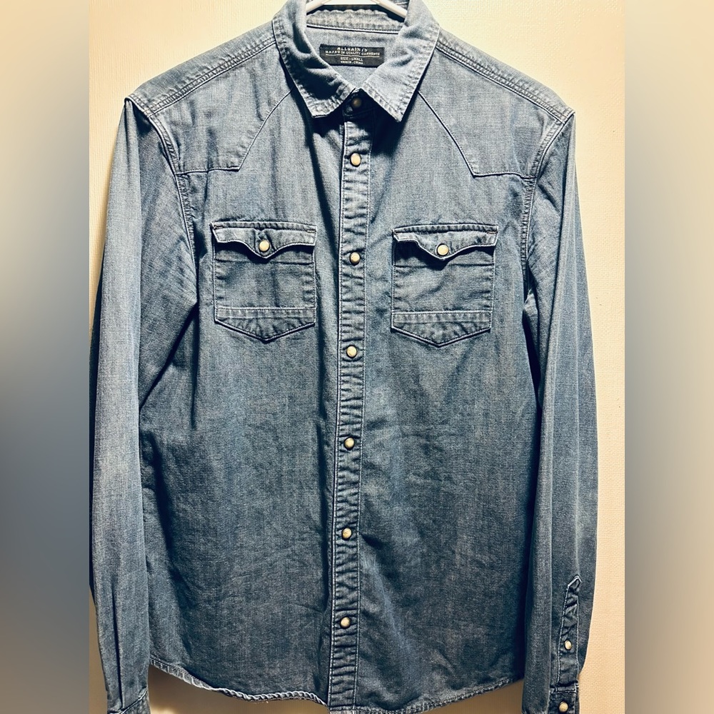 MENS AUTHENTIC ALLSAINTS MIFFIT DENIM WESTERN LONG SLEEVE SHIRT SZ MEDIUM GUC